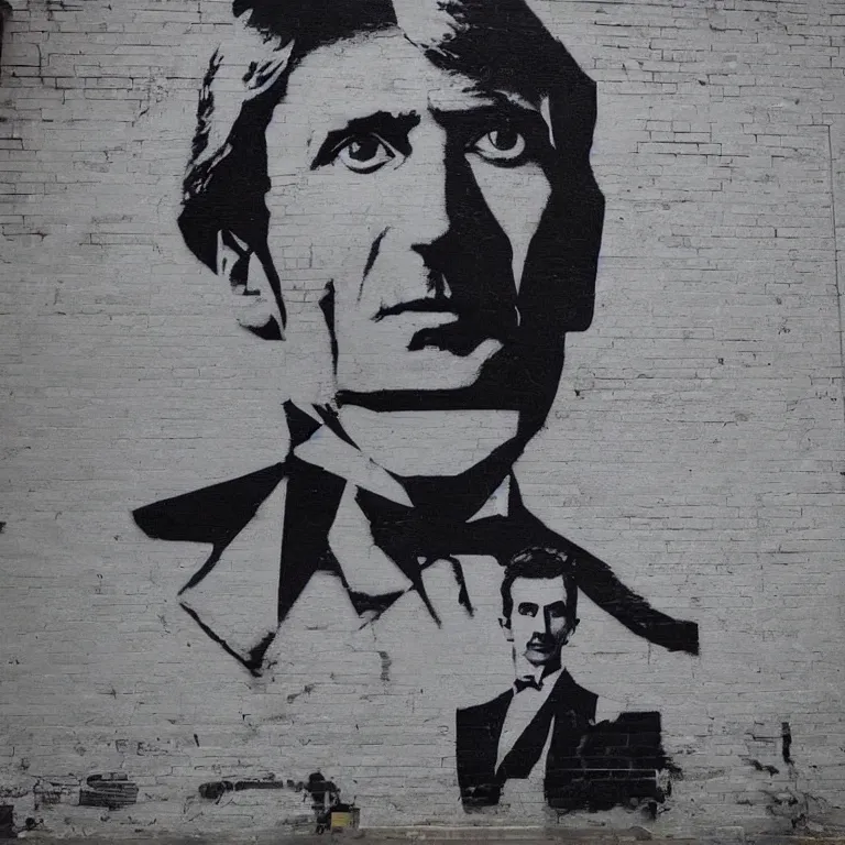 Image similar to Street-art portrait of Nikola Tesla in style of Banksy, photorealism