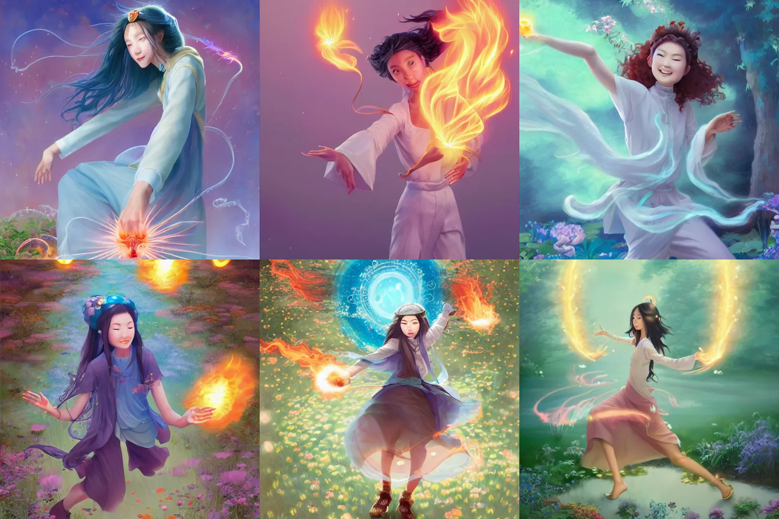 Prompt: smiling hapa sorceress wearing trousers chasing will-o-wisps and casting a fireball in a garden, orthodox saint, by Hsiao-Ron Cheng, James Jean, Miho Hirano, Hayao Miyazaki, breathtaking digital 2d cover art