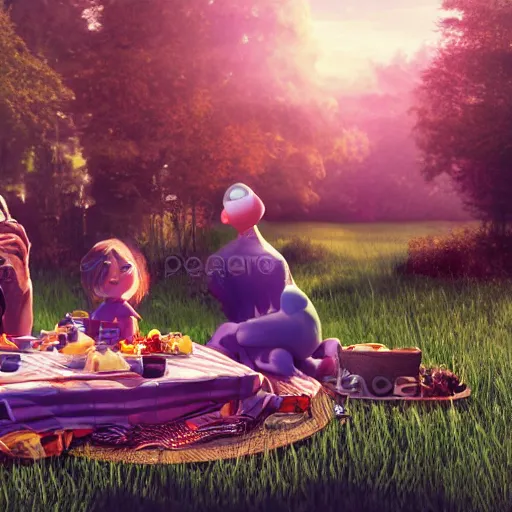 Image similar to having a picnic with my alien family, trending on artstation, stock photo, 4 k photorealism, 4 k quality