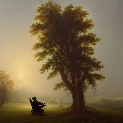 Image similar to an impressively euphoric 1 8 0 0 s romanticism - inspired oil painting depicting a man playing a piano underneath a foggy tree line at dawn inspired by liberty leading the people