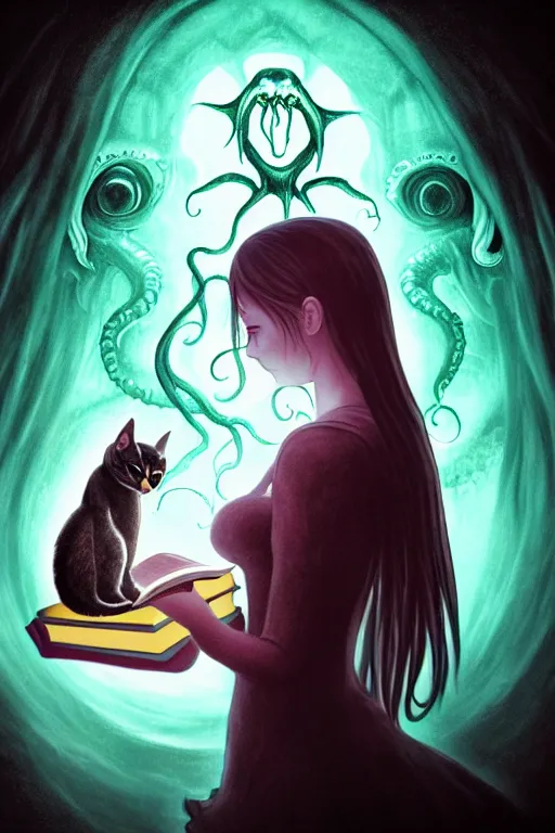 Image similar to romantic photo of bright girl, her cat and her book of necronomicon, symmetrical, cinematic, real dlsr photography, sharp focus, 4 k, ultra hd, sense of awe, sinister demonic atmosphere, dreadful, forbidden knowledge, old gods, cthulhu, yog - sothoth! yah, yah, yah! cultist journal cover