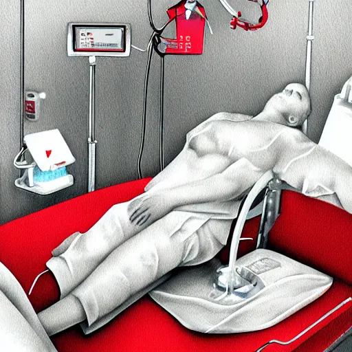 Image similar to IV station with patient in hospital bed getting blood transfusion, digital art