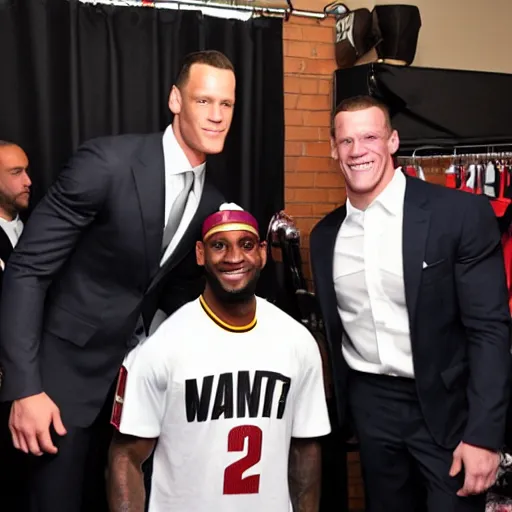 Prompt: lebron james meets john cena backstage