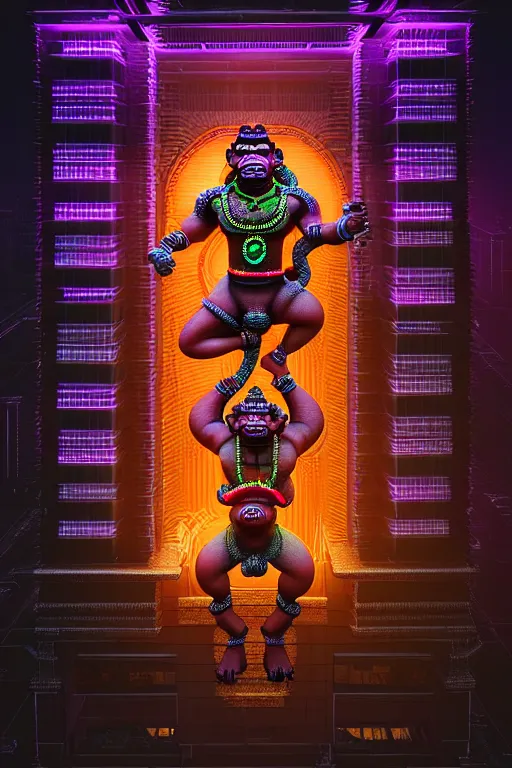 Image similar to high quality 3 d render post - rococo cyberpunk hanuman! head building, neon madhubani, open mouth, highly detailed, in sci - fi new delhi, cinematic smooth unreal engine, lee madgwick & liam wong, dramatic light, low angle, uhd 8 k, sharp focus