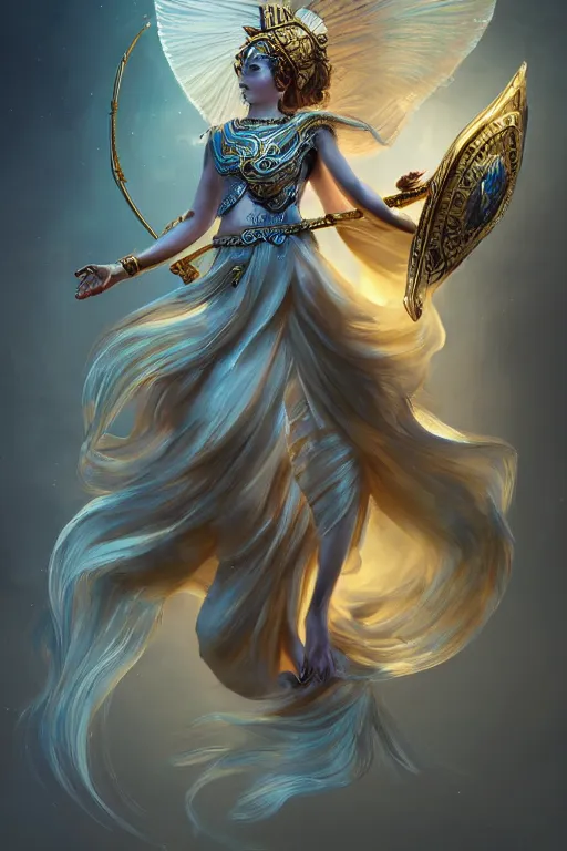 Image similar to goddess athena dancing in the wind, zodiac knight, beautiful, ethereal, gorgeous, volumetric lighting, elegant, fluid, highly detailed, digital painting, concept art, highly detailed, smooth, illustration, limited color palette, atmosphere and tension, trending on artstation