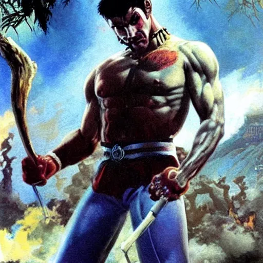 Image similar to ultra realistic freddy mercury as ryu from street fighter, painting by frank frazetta, 4 k, ultra realistic, highly detailed,