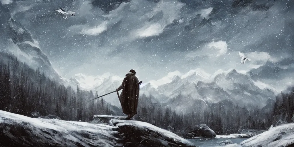 Prompt: A majestic landscape featuring a river, mountains and a forest. A small group of birds is flying in the sky. Harsh winter. very windy. There is a man walking in a deep snow.Camera is positioned behind the man. Cinematic, very beautiful, painting in the style of Lord of the rings