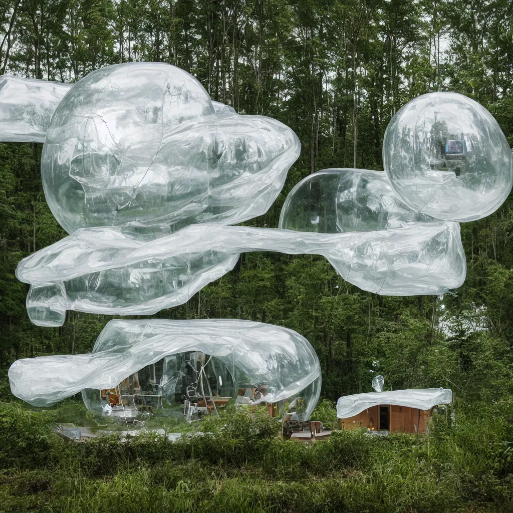 Prompt: an inflatable house made of clear plastic sheeting. The house is made of 3 inflated bubbles. The inflated house sits in a lake on the edge of a forest. A family is living inside the bubble house and it is furnished with contemporary furniture and art. ultra wide shot, coronarender, 8k, photorealistic