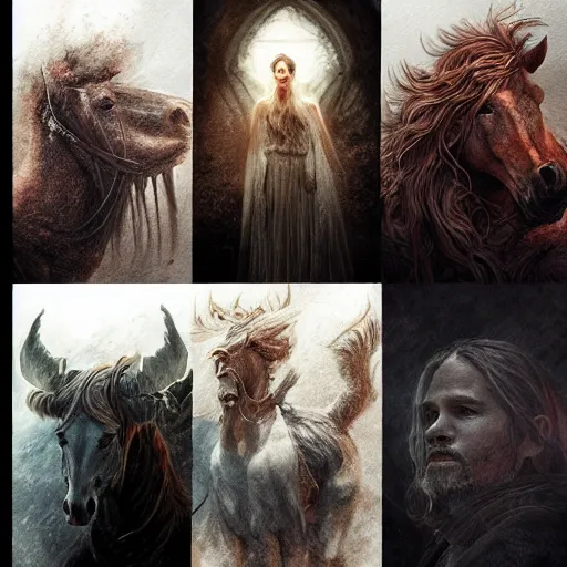 Image similar to Portraits based on the four horsemen of the apocalypse, intricate, epic, elegant, menacing, fantasy, highly detailed, digital painting, hard focus, beautiful volumetric lighting, epic light, ultra detailed, by Leesha Hannigan, Ross Tran, Thierry Doizon, Kai Carpenter, Ignacio Fernández Ríos