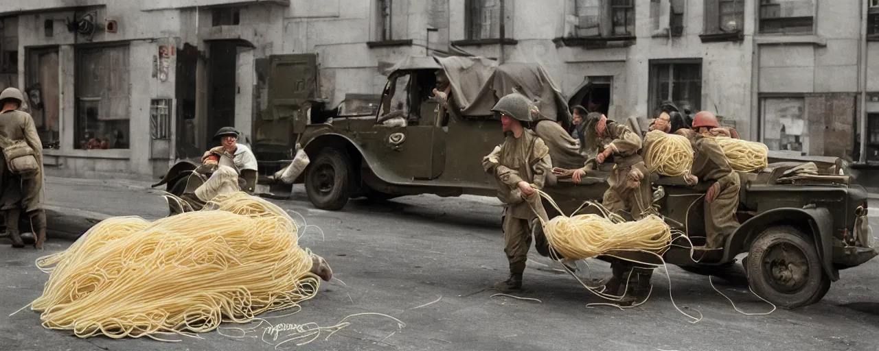 Prompt: transporting spaghetti, world war 2, u. s. army, canon 5 0 mm, kodachrome, in the style of wes anderson, retro