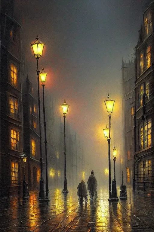 Prompt: beautiful painting of old London street scene spooky dark fog painted by edward hoppern, thomas kinkade, , Ríos