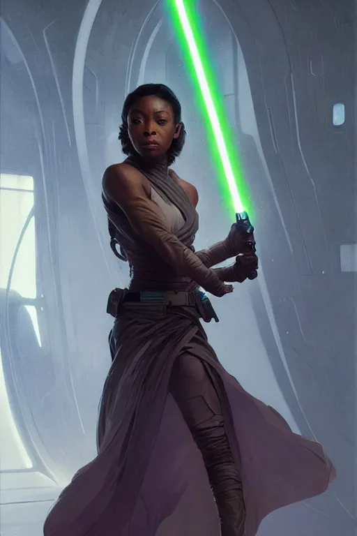 Image similar to star wars jedi master normani as aeon flux profile picture by Greg Rutkowski, dynamic pose, intricate, futuristic, fantasy, elegant, by Stanley Artgerm Lau, greg rutkowski, thomas kindkade, alphonse mucha, loish, norman Rockwell,