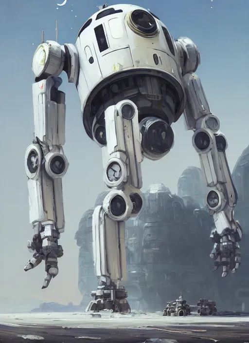 Image similar to an intricate oil painting of a giant pristine white droid mecha with rounded components and tarpaulin cloak by simon stalenhag, by ian mcque inspired by nier : automata, clean white lab background