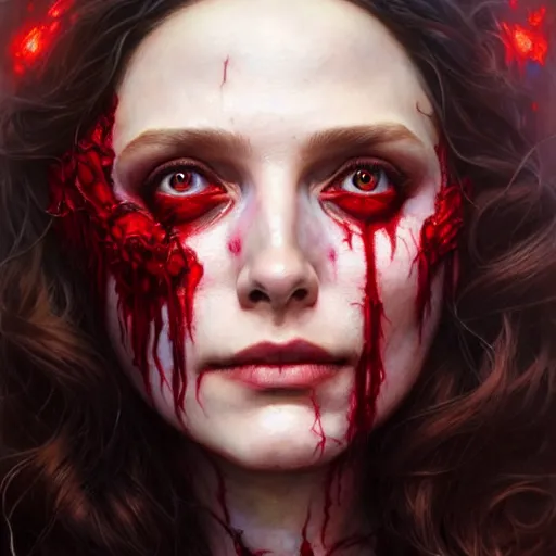 Image similar to portrait painting of wanda maximoff scarlet witch as a zombie, ultra realistic, concept art, intricate details, eerie, highly detailed, photorealistic, octane render, 8 k, unreal engine. art by artgerm and greg rutkowski and charlie bowater and magali villeneuve and alphonse mucha