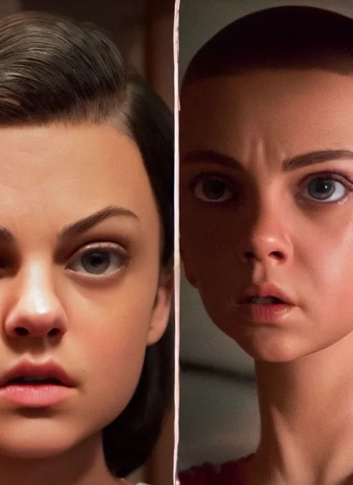 Prompt: Mila Kunis (buzzcut haircut) cast as Eleven, still from Stranger Things movie, hyperrealistic, 8k, Octane Render,