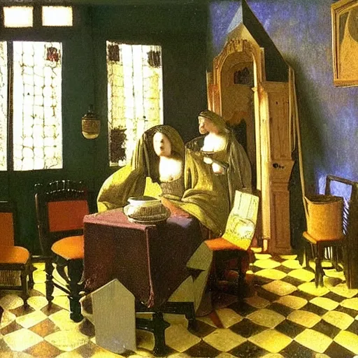 Prompt: a very very very exquisite doll's house on the symbolist theme of'icosahedrons'in the style of charles gleyre, johannes vermeer, oil on canvas