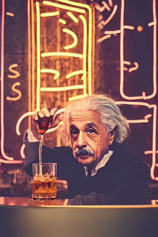 Prompt: dreary albert einstein drinking whiskey in bar, neon light, portrait, realistic, detailed