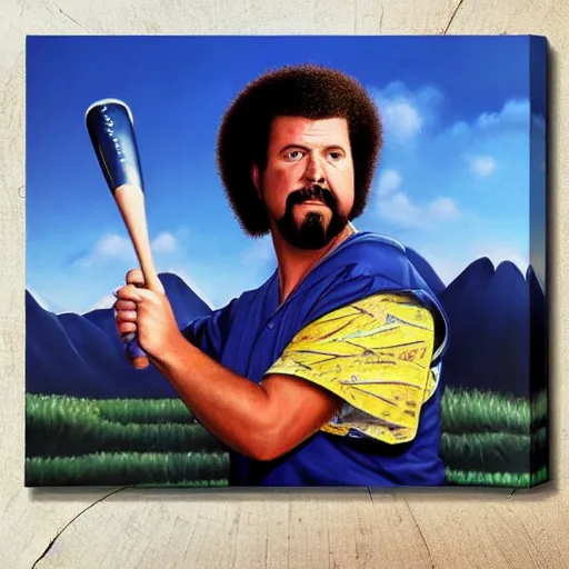 Image similar to a closeup photorealistic photograph of bob ross style kenny powers playing baseball, painting on a canvas. mountains and trees. film still. brightly lit scene. this 4 k hd image is trending on artstation, featured on behance, well - rendered, extra crisp, features intricate detail, epic composition and the style of unreal engine.
