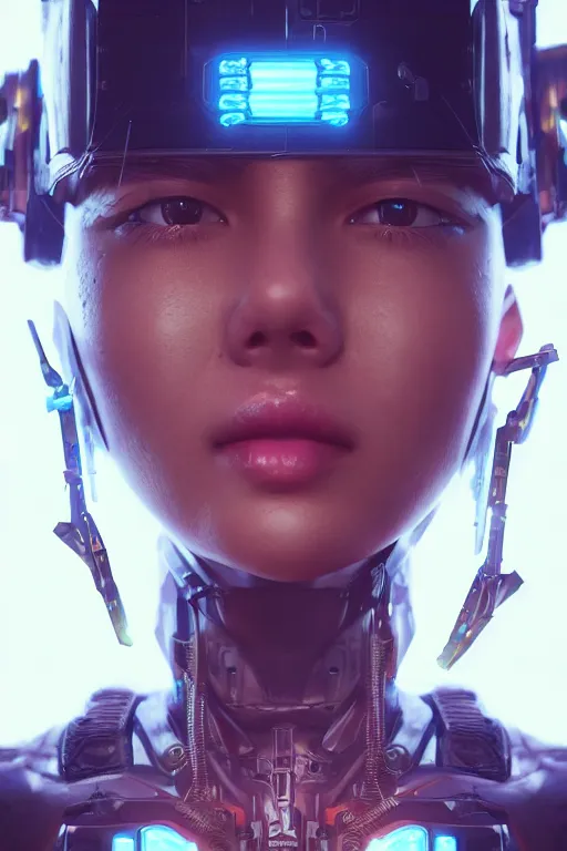 Image similar to beautiful close - up portrait of a cyborg mercenary girl, art by wlop and liam wong, cyberpunk, neon, combat armor, head and shoulders, intricate details, trending on artstation, sharp focus, caustics, octane render, radiant light, 4 k