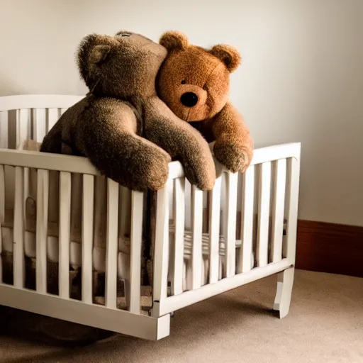 Prompt: a teddy bear sleeping in a baby crib, photography, highly defined features, HDR