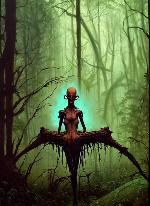 Image similar to hyper realistic spooky alien in the woods in a river gorgeous lighting, lush forest foliage blue sky a hyper realistic painting by chiara bautista and beksinski and norman rockwell and greg rutkowski, tom bagshaw weta studio, and lucasfilm