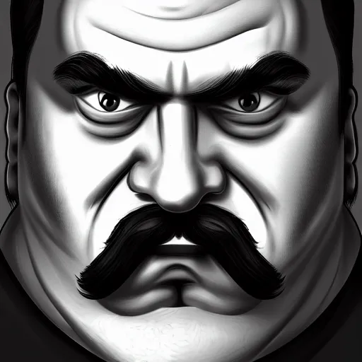 Image similar to face portrait a big beefy man with a large face, thick dark hair, a bushy black moustache, no beard, with hardly any neck and mean little eyes, highly detailed, digital art, sharp focus, trending on art station, drawing