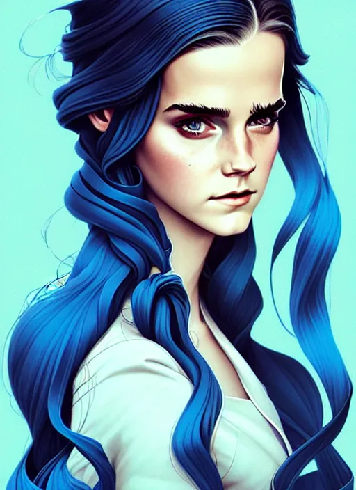 Image similar to style artgerm, joshua middleton, emma watson with green dress, very long blue hair, swirling, symmetrical face, symmetrical eyes, steampunk western gunslinger, cinematic lighting