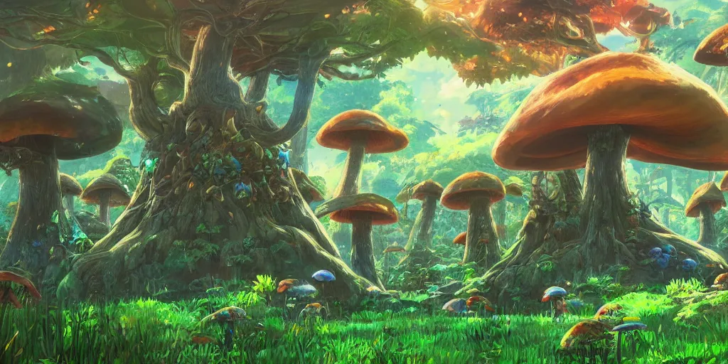 Image similar to epic mushroom trees, vivid tones, wide angle, by miyazaki, nausicaa, studio ghibli, tropical, breath of the wild