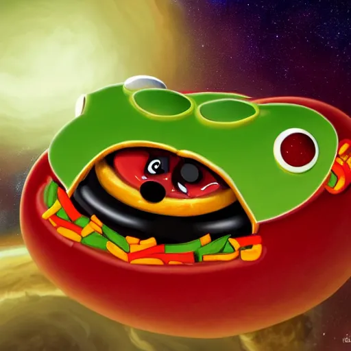 Image similar to a beautiful hotdog character in space wearing a tuxedo with colorful bright green eyes, medium shot, hd, 8k, hyper-realism, detailed,