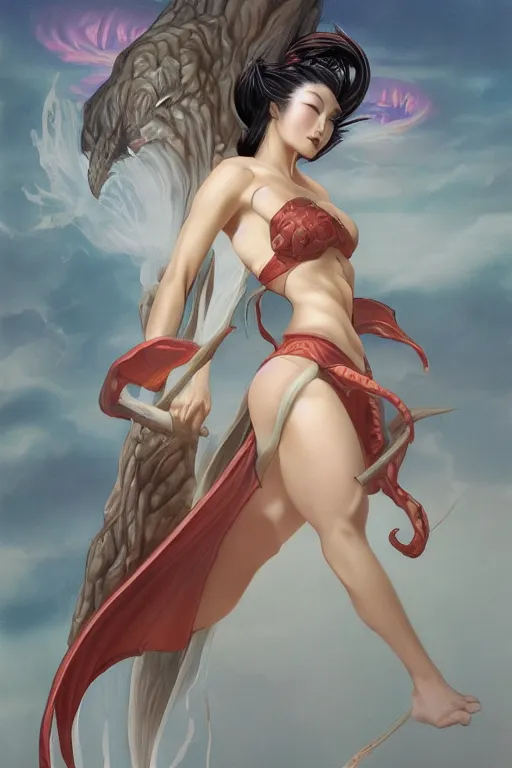 Image similar to a beautiful Japanese female wizard standing on a cloud, style of Boris Vallejo and Frank Frazetta, hyper realistic, very detailed, fantasy art, matte painting, trending on artstation and deviantart