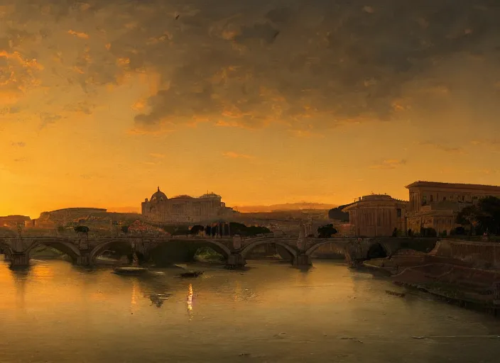 Prompt: A painting of a panoramic view of Rome at sunset, by Greg Rutkowski and James Gurney, trending on Artstation, highly detailed