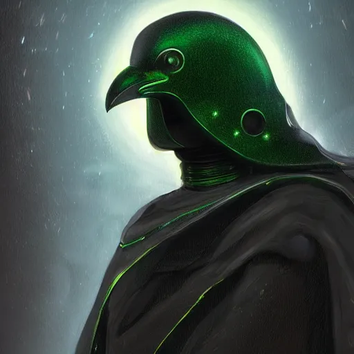 Prompt: self portrait of a robot raven. Full body with hooded cape, visor, green body armor, digital art, realistic, ultradetailed, concept art in the style of The Empire Strikes Back, art by Andrea Chiampo and Michael Whelan, trending on artstation, devianart, cgsociety