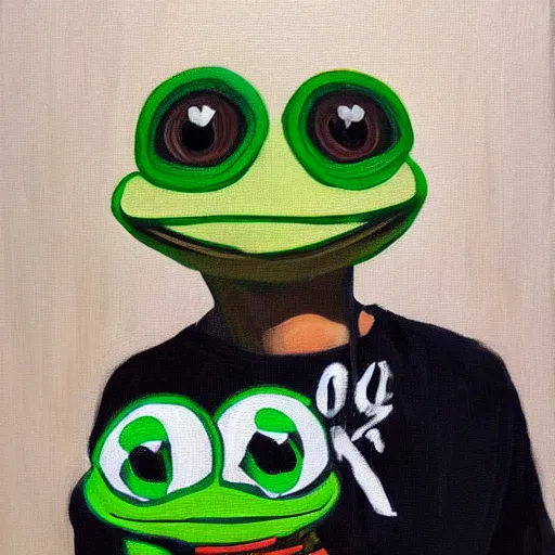 Image similar to Portrait of xQc with pepe the frog , oil painting