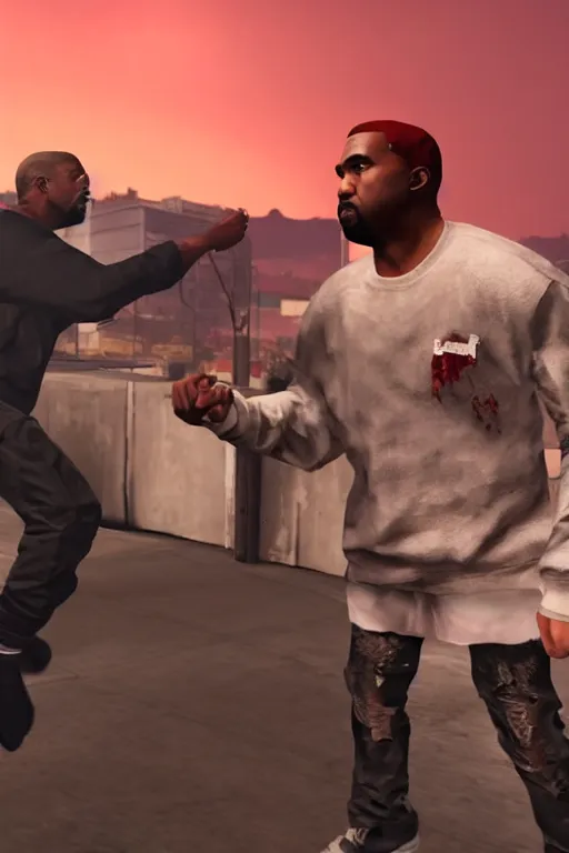 Prompt: kanye west having a fistfight with lester crest from gta v, gameplay, grand theft auto v, strong dramatic cinematic lighting, blood red sky, smooth, sharp focus, extremely detailed