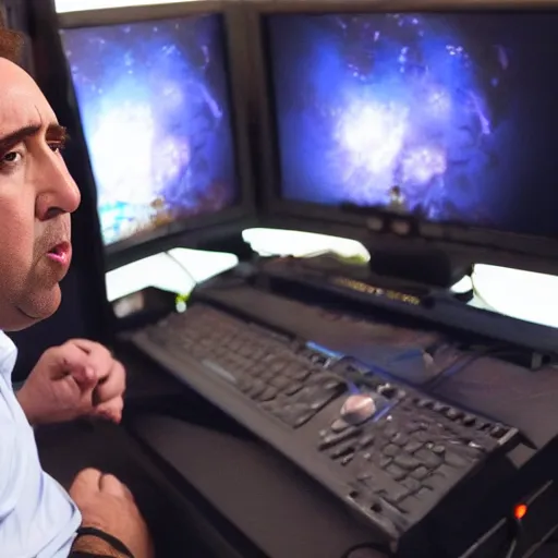 Image similar to obese nicolas cage wearing a headset yelling at his monitor while playing WoW highly detailed wide angle lens 10:9 aspect ration award winning photography