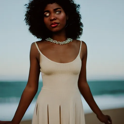 Image similar to portrait photograph of an elegant black woman wearing a sundress in Santa Monica. super resolution. 85 mm f1.8 lens.bokeh.graflex. Alessio albi