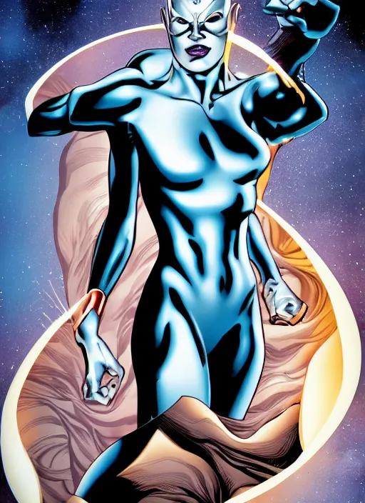 Image similar to A full portrait photo of silver surfer marvel, f/22, 35mm, 2700K, lighting, perfect faces, award winning photography.