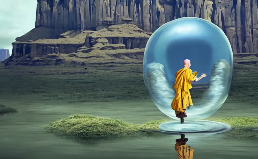 Image similar to a scary hyperrealist painting of a monk in a giant transparent bubble from howl's moving castle ( 2 0 0 4 ) in a flooded monument valley stonehenge jungle. depth perception, 4 k, artstation, in the style of studio ghibli