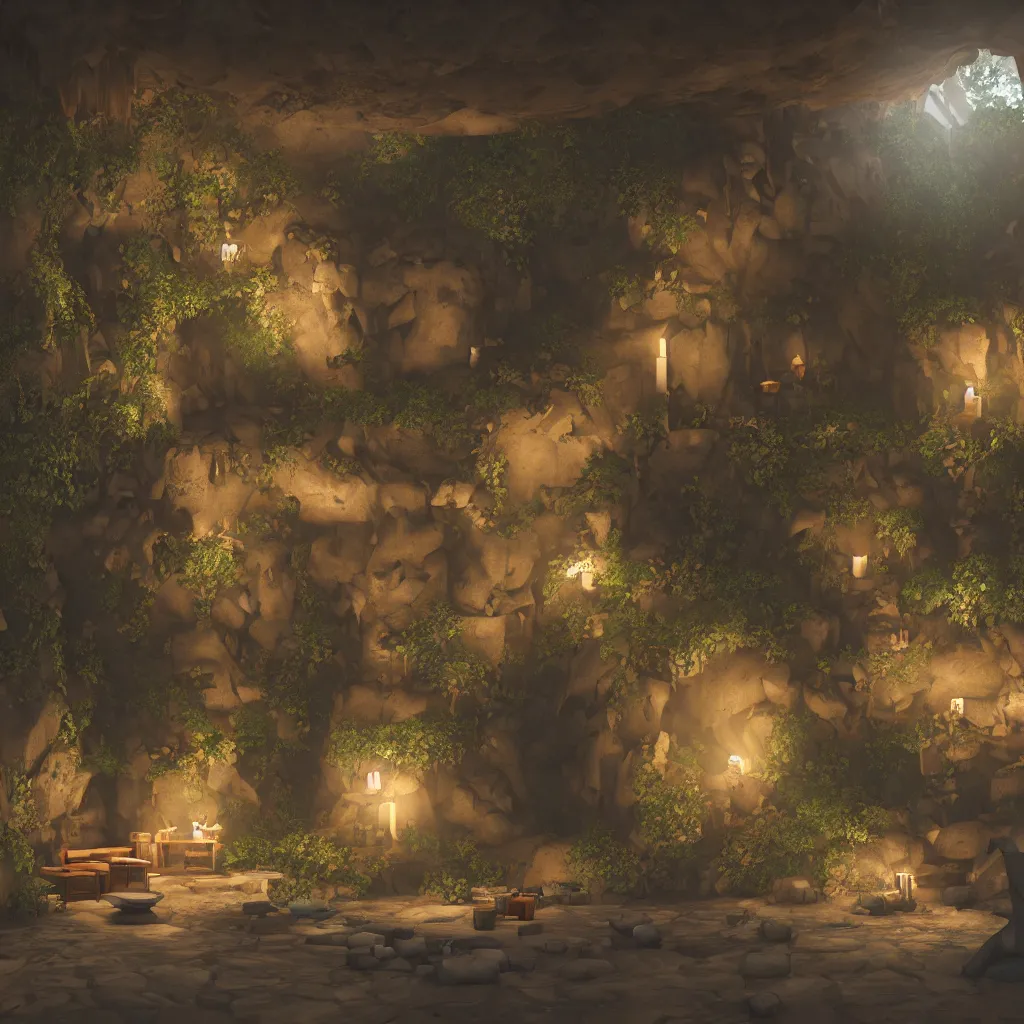 Image similar to secret overwatch common area carved inside a cave, multiple bedrooms, sheltered, magical, natural light, planters, central tree, candle light, cinematic lighting, clean lines, cozy, fantasy, minimalist architecture, sharp focus, concept art, octane render 8 k