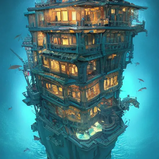 Image similar to underwater spy mansion, grand obsessive compendium. intricate artwork, by tooth wu, wlop, beeple, dan mumford. concept art, octane render, trending on artstation, greg rutkowski very coherent symmetrical artwork. cinematic, key art, hyper realism, high detail, octane render, 8 k, iridescent accents