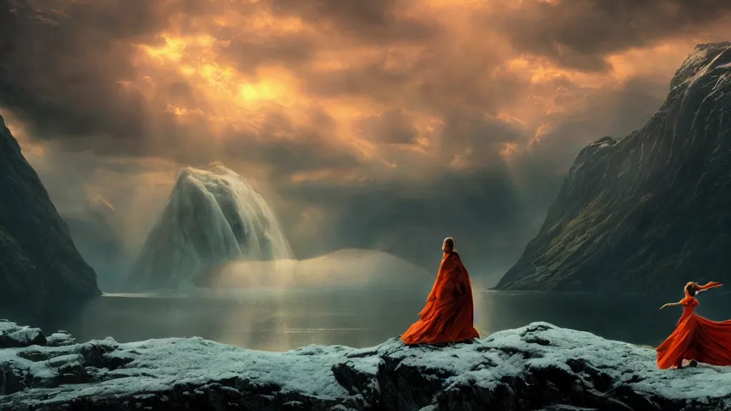 Image similar to wizard, norway fjord, natalie portman, hudson river school, max rive, royal dress, f 1 6, bokeh, gentle, female, snowy, storm clouds, god rays, close up portrait, d & d, fantasy, elegant, teal orange color palette, concept art, roger deakins and greg rutkowski and alphonse mucha