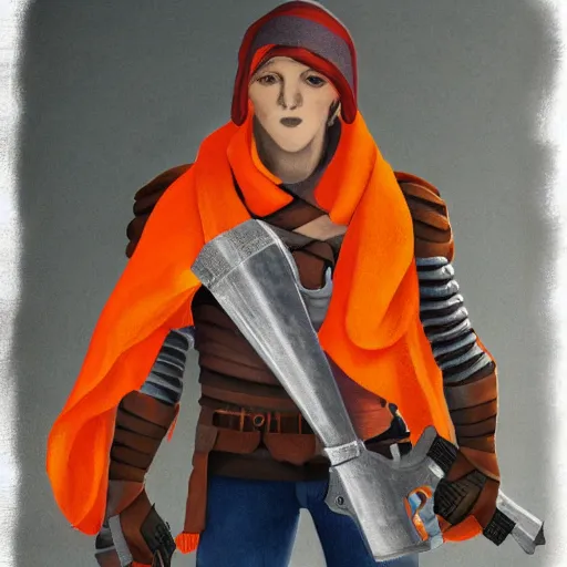 Image similar to a knight wearing an orange bandana scarf and holding a pistol, photorealistic