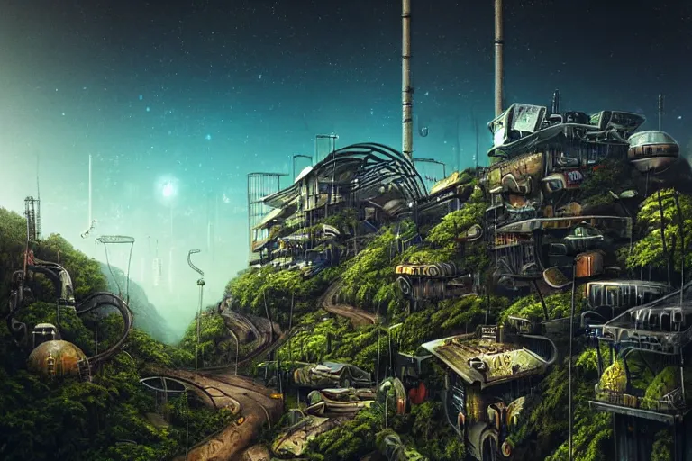 Image similar to sci - fi favela sculpture, art deco jungle environment, industrial factory, cliffs, gloomy, milky way, award winning art, epic dreamlike fantasy landscape, ultra realistic,