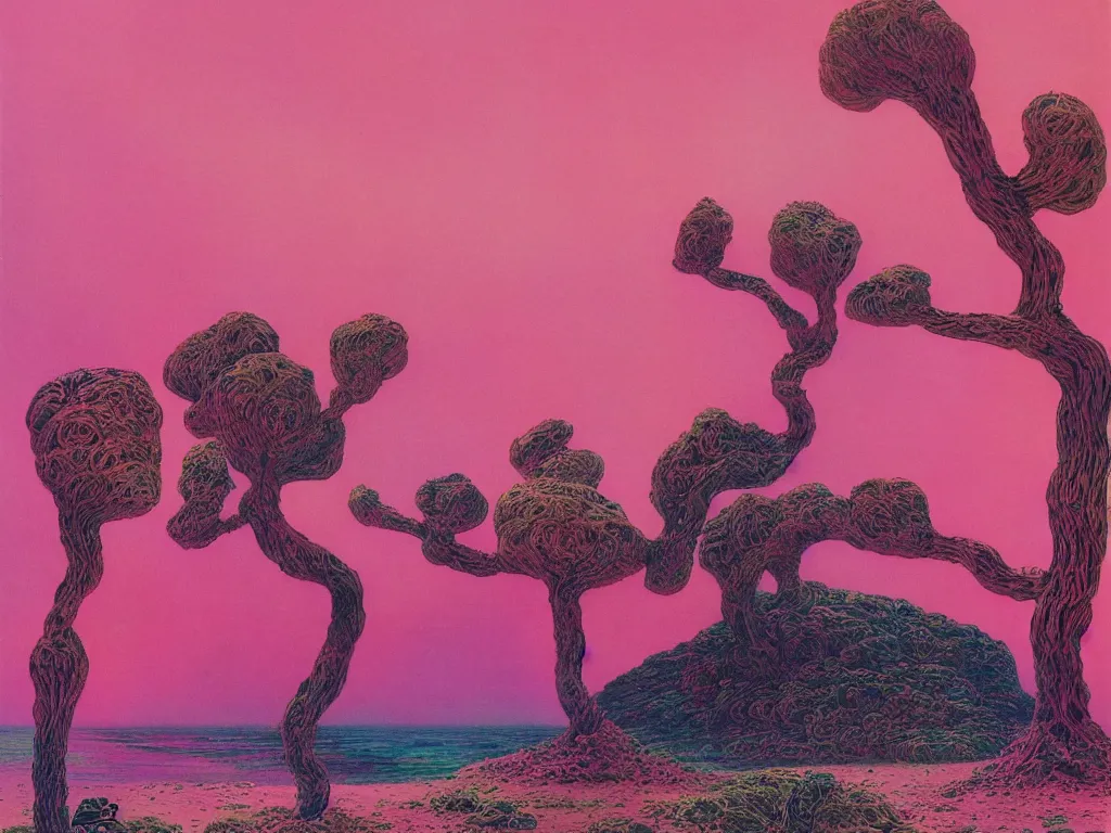 Prompt: a pink tree in a desert surrounded by an ocean on a strange planet, by bruce pennington, by sam freio, by thomas rome, by victor mosquera, juxtapoz, behance, dayglo, prismatic, iridescent