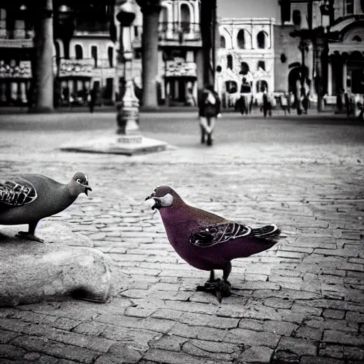 Prompt: a mexican pigeon being complacent with a french platypus spy, in the middle of pissa square italy, sepia anime style