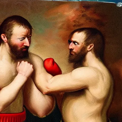 Prompt: a renaissance painting of donald trump and joe biden fighting in a boxing ring