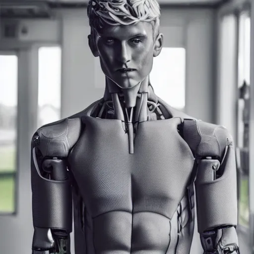 Image similar to a realistic detailed photo of a guy who is an attractive humanoid who is half robot and half humanoid, who is a male android, soccer player martin ødegaard, shiny skin, posing like a statue, blank stare, by the pool, on display, showing off his muscles, humanoid robot