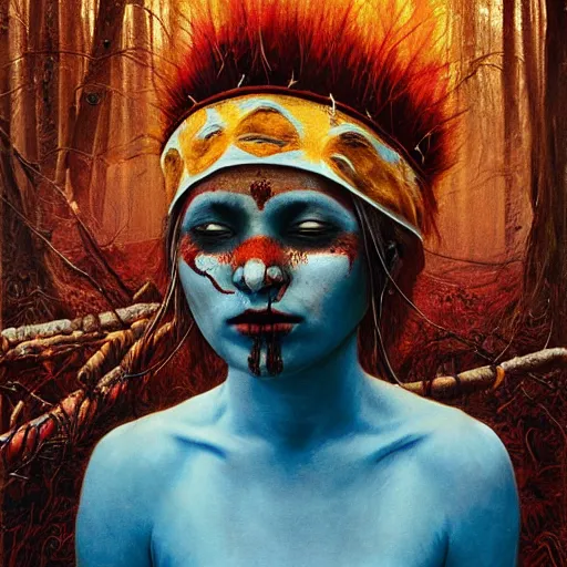 Prompt: A young blindfolded shaman woman with a decorated headband from which blood flows, in the style of heilung, blue hair and wood on her head. The background is a forest on fire, made by Esao Andrews and Karol Bak and Zdzislaw Beksinski,