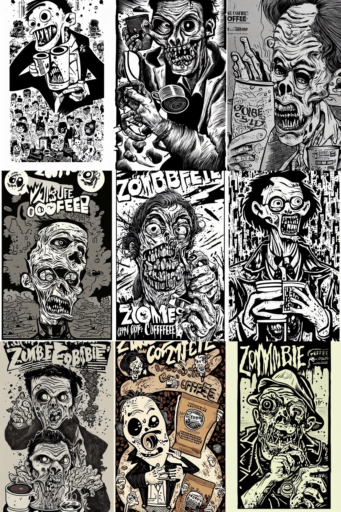 Prompt: zombie not enjoying coffee, upset the coffee does not work , portrait by mcbess, full colour print, coffee advert