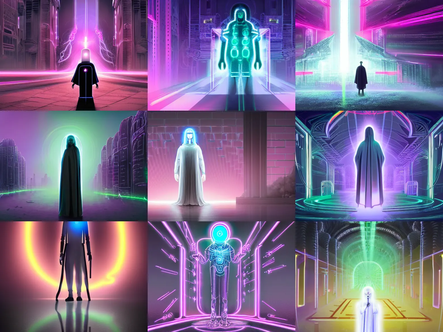 Image similar to a gray faceless figure, ascended, robot wizard, NPC with a saint's halo, saintly halo behind their head made of neon filigree, consulting the cyber oracle of all knowledge, at the end of time, in an esoteric ritual exchange of physical code, muted neon mists obscure the towering arcological ruins of future cities, 8k, 4k, unreal 5, DAZ, trending on artstation, octane render, hyperrealistic, abstract painting, bright blue future, in the style of Wayne Barlowe, abstract painting oil on canvas, surreal, cyberpunk, vaporwave aesthetic